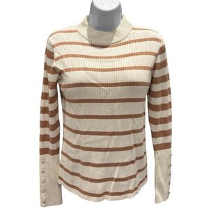 Tahari Striped Mock Neck Sweater Long Sleeve Button Cuff Beige Women's Size‎ S